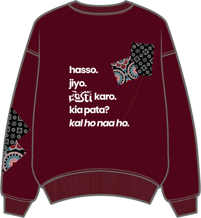 Back of the crewneck with the hasso jiyo lyric and block-print sleeve detail