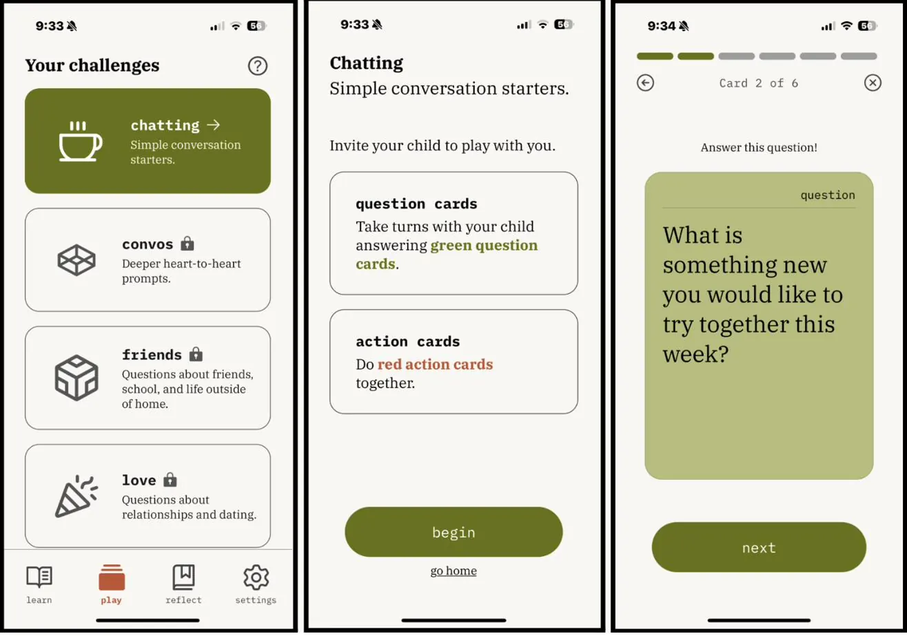 Challenges screen, conversation starter game and a question card