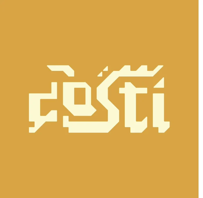 Dosti wordmark in cream on gold