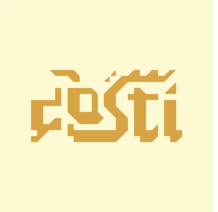Dosti wordmark in gold on cream