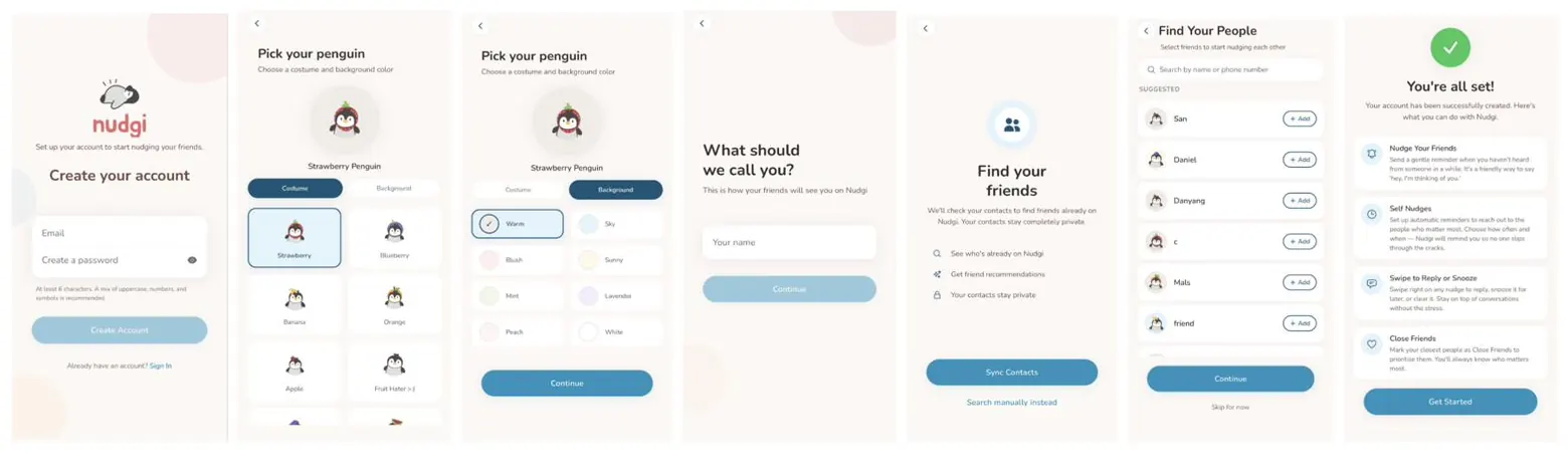 Final Nudgi screens covering onboarding, avatar selection, contacts and notification setup
