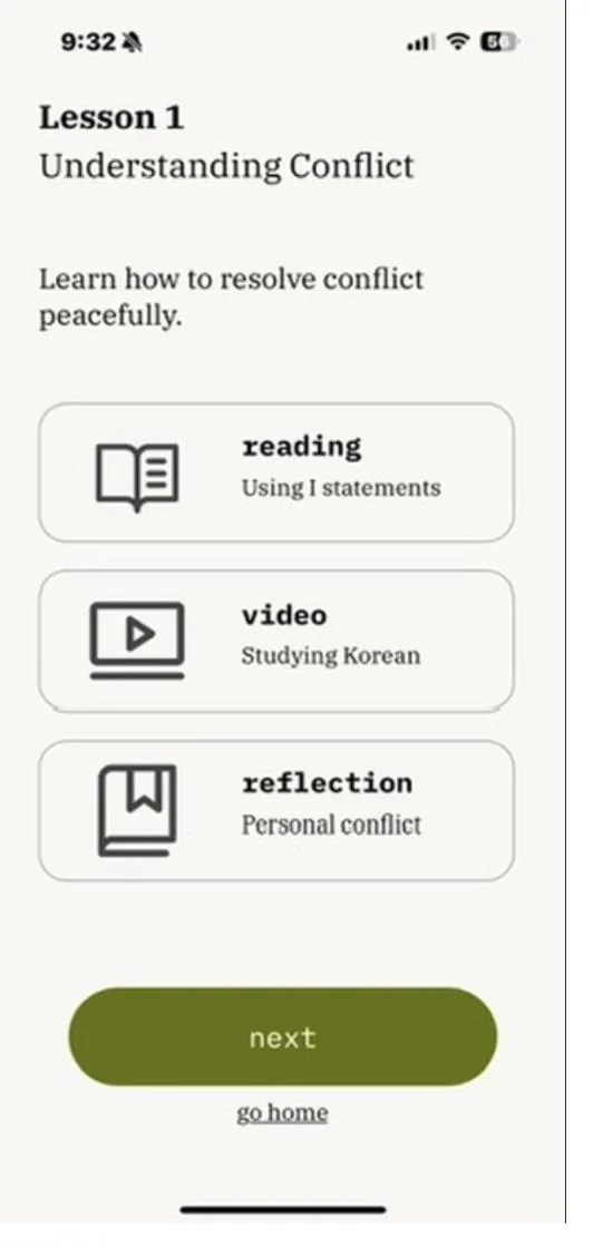 Lesson detail screen offering reading, video and reflection