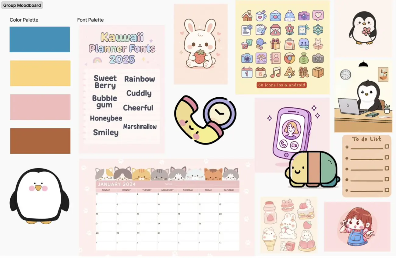 Moodboard of soft palettes and character illustration
