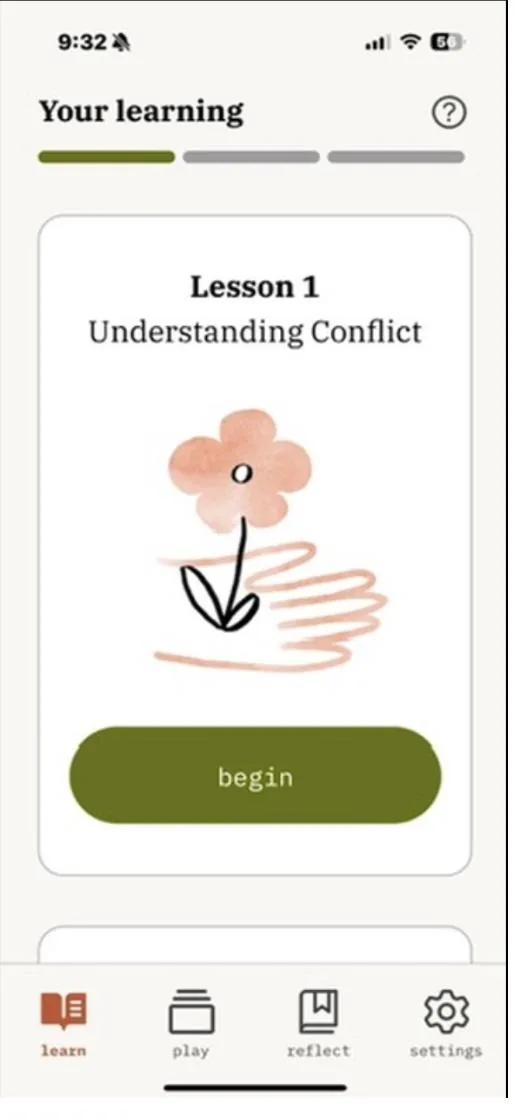 Roots learning screen showing Lesson 1, Understanding Conflict
