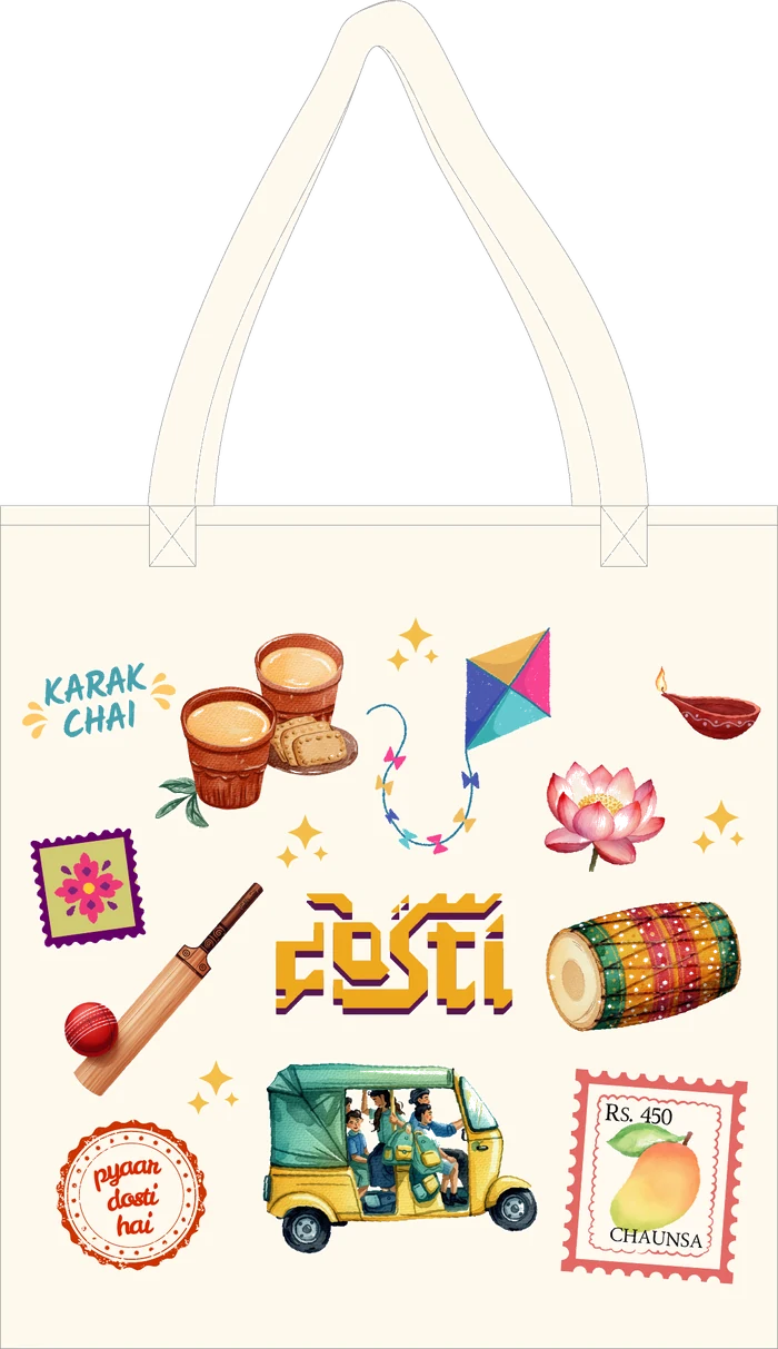 Tote bag printed with chai, a kite, a lotus, a dhol and a rickshaw