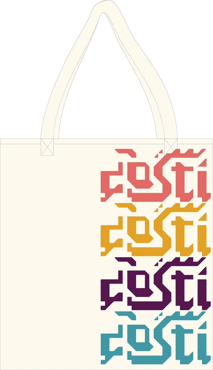 Tote bag printed with the wordmark repeated in four colourways